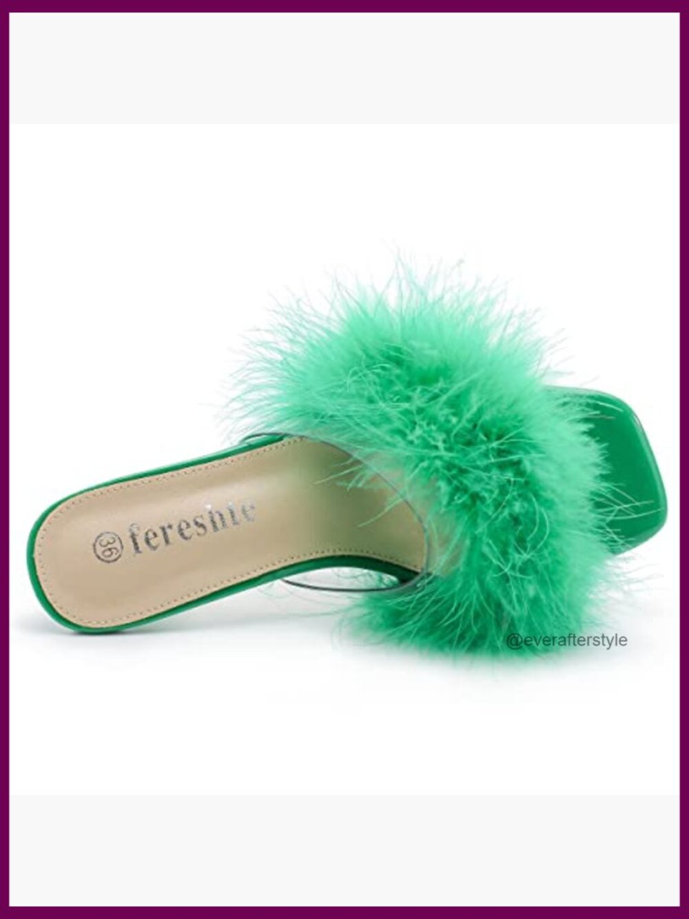 Kitten Heel Mule Sandals, Square Open Toe, Slip On, Fluffy Fur Clear Strap - Picture 4 of 7